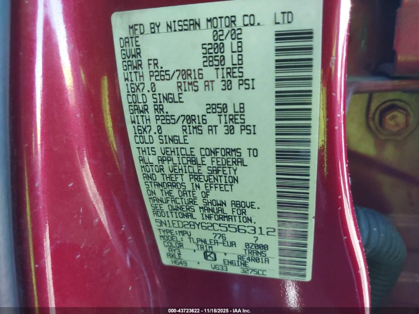 2002 Nissan Xterra Xe VIN: 5N1ED28Y62C556312 Lot: 43723622