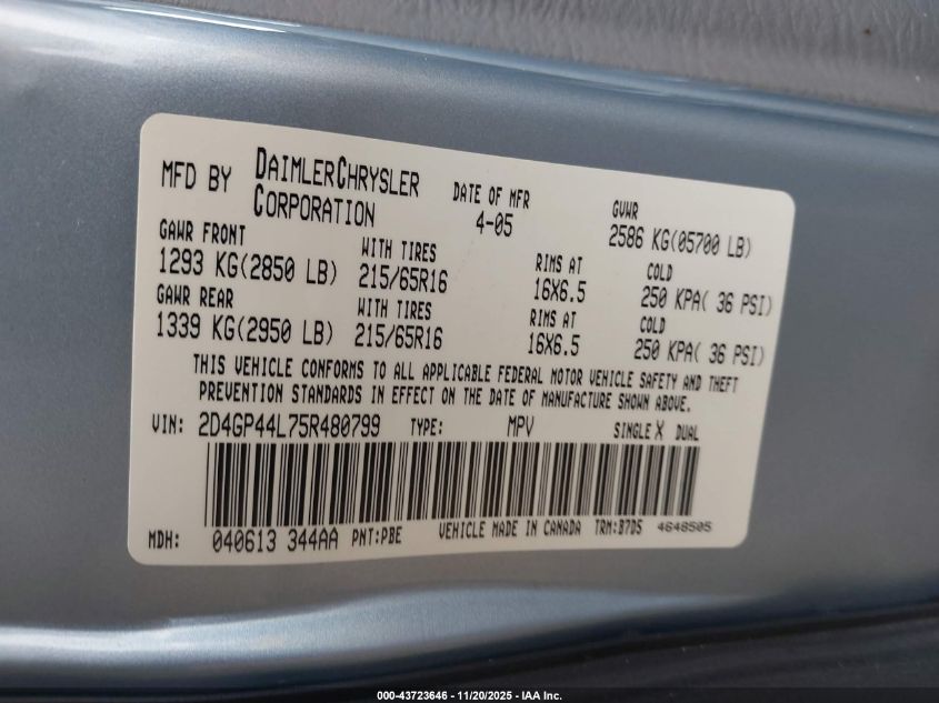 2005 Dodge Grand Caravan Sxt VIN: 2D4GP44L75R480799 Lot: 43723646