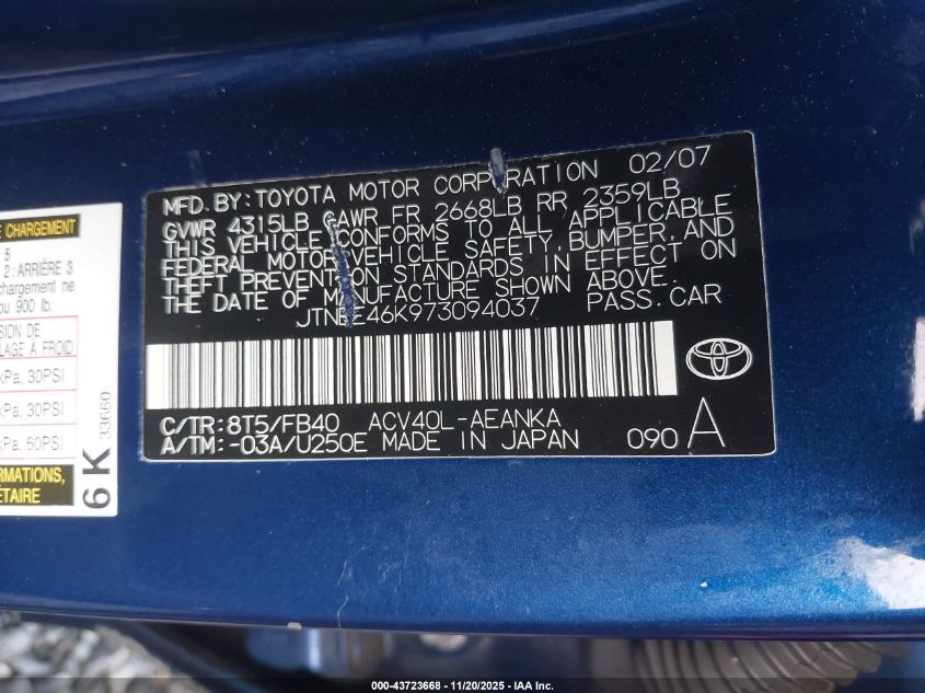 2007 Toyota Camry Le VIN: JTNBE46K973094037 Lot: 43723668