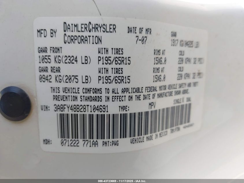 2008 Chrysler Pt Cruiser Lx VIN: 3A8FY48B28T104691 Lot: 43723669