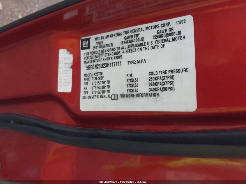 2003 Hummer H2 VIN: 5GRGN23U23H117111 Lot: 43723677