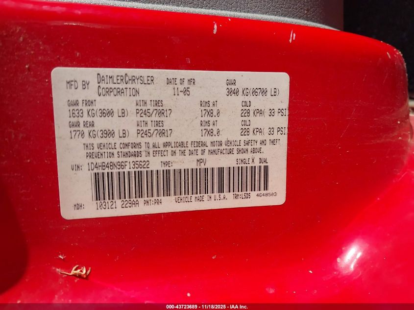 2006 Dodge Durango Slt VIN: 1D4HB48N96F135622 Lot: 43723689