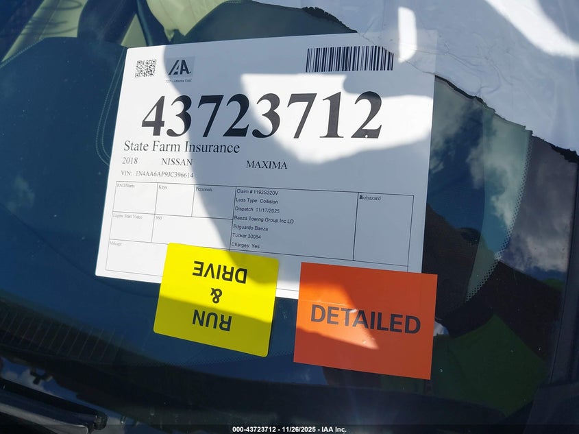 2018 Nissan Maxima 3.5 Platinum VIN: 1N4AA6AP9JC396614 Lot: 43723712