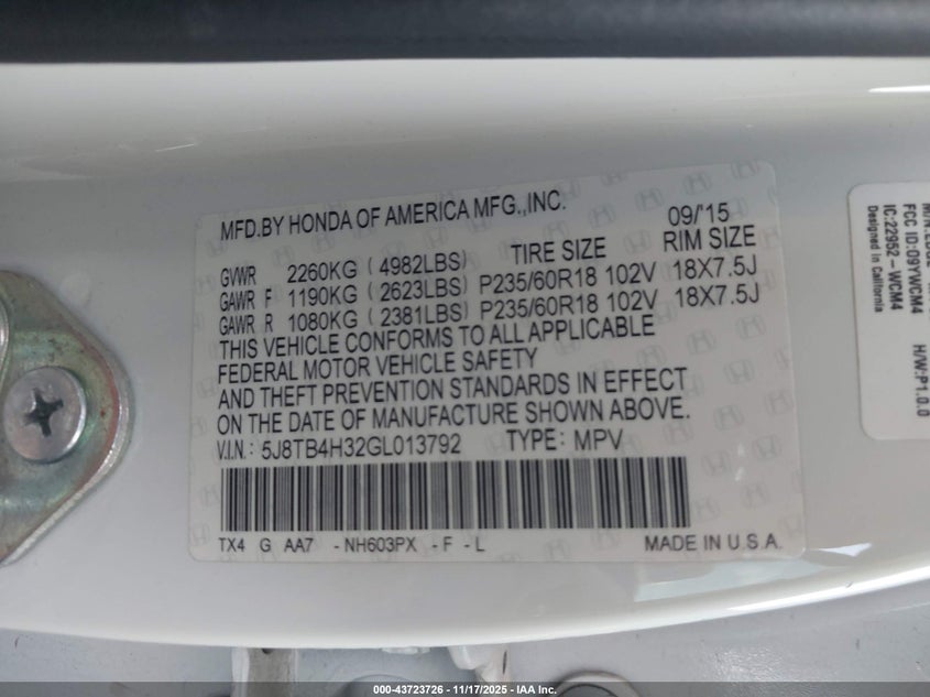 2016 Acura Rdx Acurawatch Plus Package VIN: 5J8TB4H32GL013792 Lot: 43723726