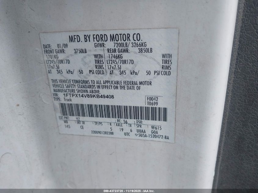 2009 Ford F-150 Fx4/Lariat/Xl/Xlt VIN: 1FTPX14V89KB49408 Lot: 43723728