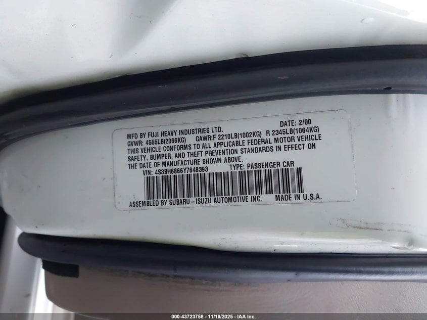 2000 Subaru Outback Limited VIN: 4S3BH6866Y7648393 Lot: 43723758