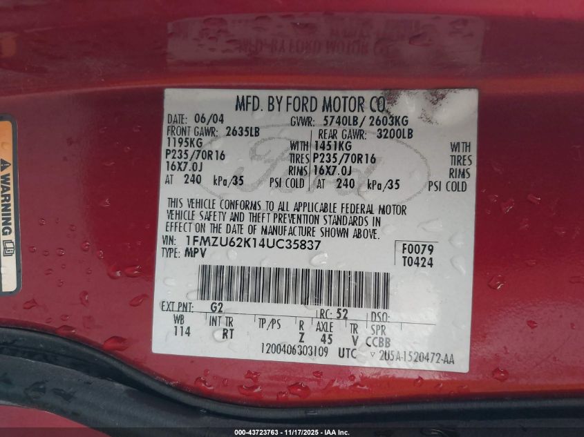 2004 Ford Explorer Xls VIN: 1FMZU62K14UC35837 Lot: 43723763