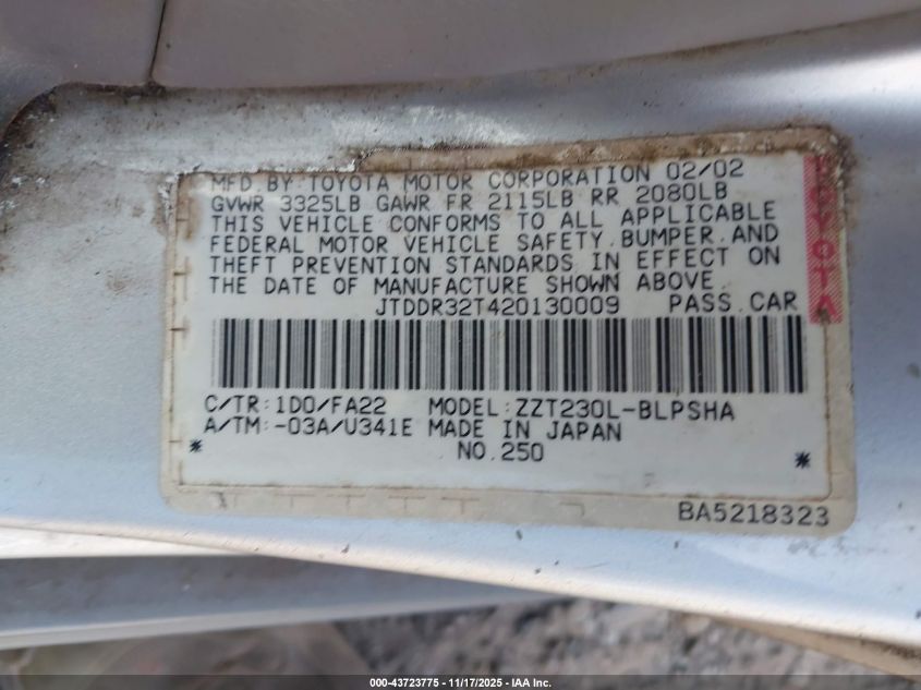 2002 Toyota Celica Gt VIN: JTDDR32T420130009 Lot: 43723775