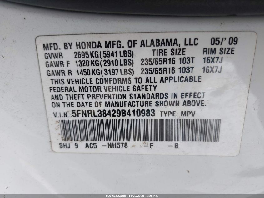2009 Honda Odyssey Ex VIN: 5FNRL38429B410983 Lot: 43723795