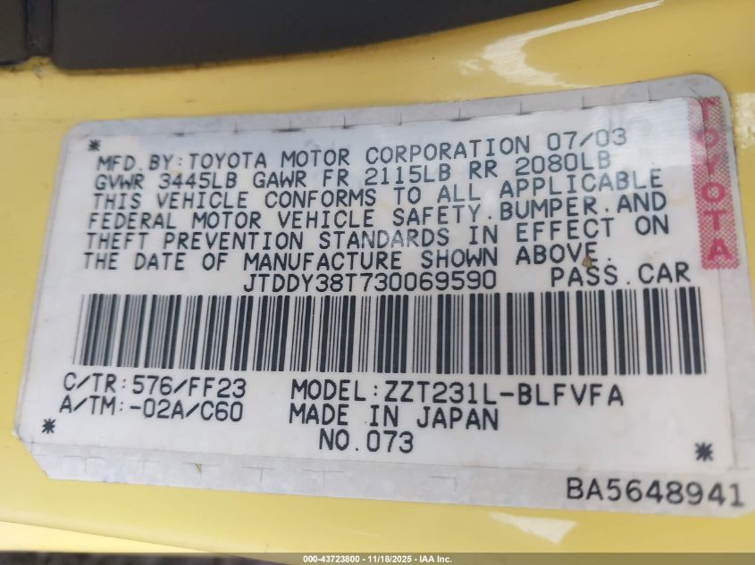 2003 Toyota Celica Gts VIN: JTDDY38T730069590 Lot: 43723800