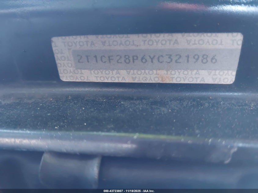 2000 Toyota Camry Solara Sle V6 VIN: 2T1CF28P6YC321986 Lot: 43723807