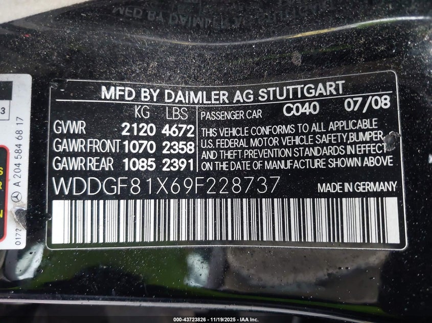 2009 Mercedes-Benz C 300 VIN: WDDGF81X69F228737 Lot: 43723826