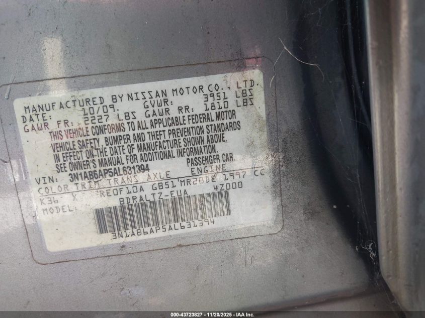 2010 Nissan Sentra 2.0S VIN: 3N1AB6AP5AL631394 Lot: 43723827
