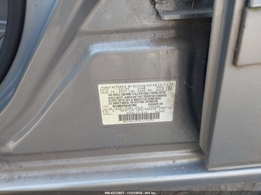 2010 Nissan Sentra 2.0S VIN: 3N1AB6AP5AL631394 Lot: 43723827