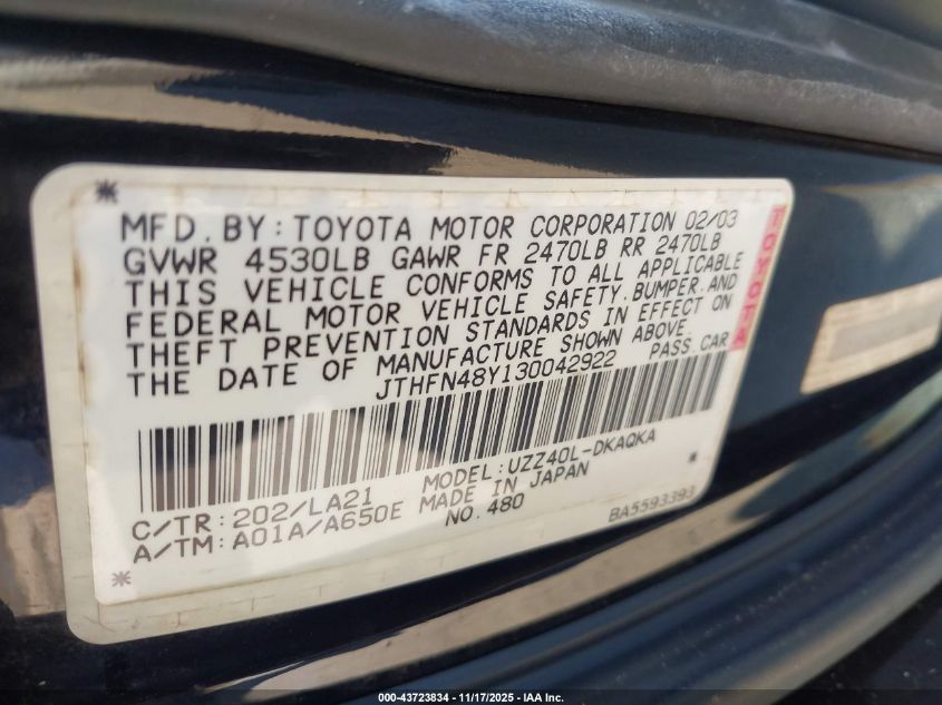 2003 Lexus Sc 430 VIN: JTHFN48Y130042922 Lot: 43723834