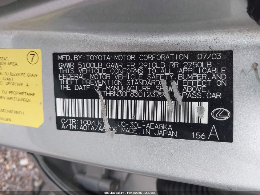 2003 Lexus Ls 430 VIN: JTHBN30F830123726 Lot: 43723841