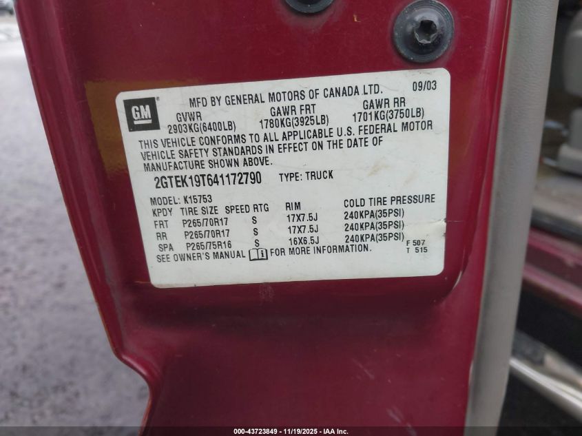 2004 GMC Sierra 1500 Slt VIN: 2GTEK19T641172790 Lot: 43723849