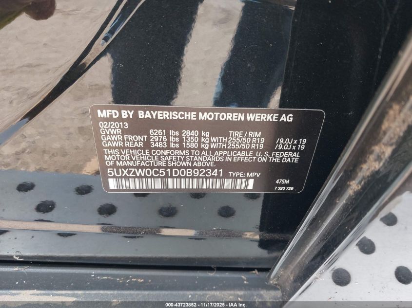 2013 BMW X5 xDrive35D VIN: 5UXZW0C51D0B92341 Lot: 43723852