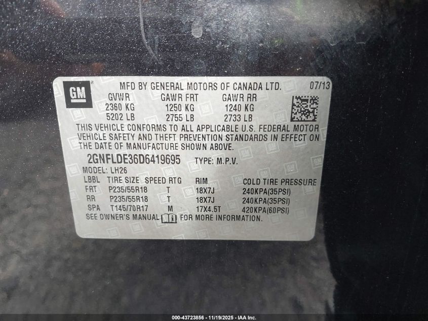 2013 Chevrolet Equinox 1Lt VIN: 2GNFLDE36D6419695 Lot: 43723856