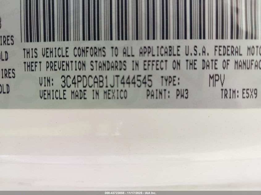 2018 Dodge Journey Se VIN: 3C4PDCAB1JT444545 Lot: 43723858