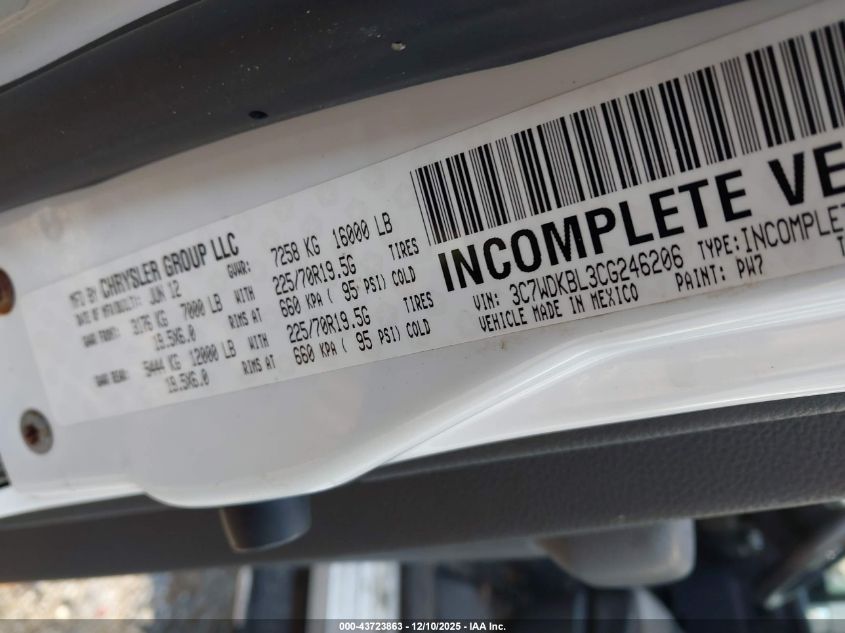 2012 Ram 4500 Chassis St/Slt VIN: 3C7WDKBL3CG246206 Lot: 43723863