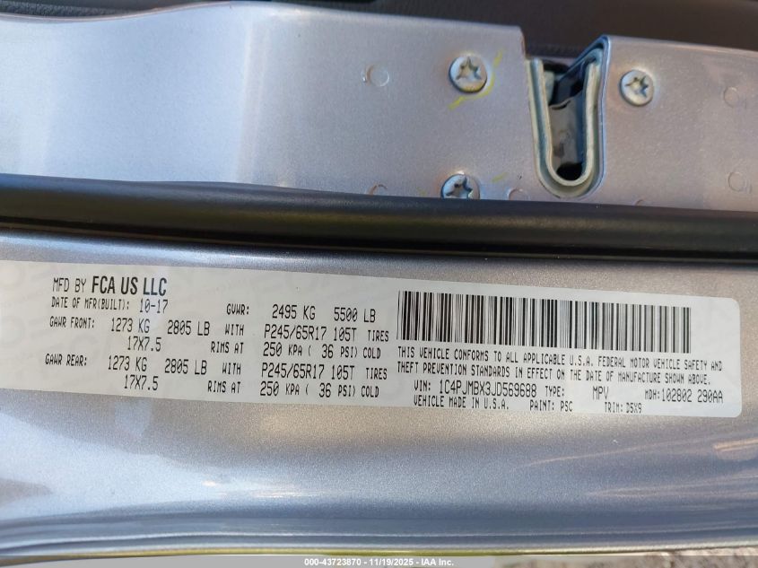 2018 Jeep Cherokee Trailhawk 4X4 VIN: 1C4PJMBX3JD569688 Lot: 43723870