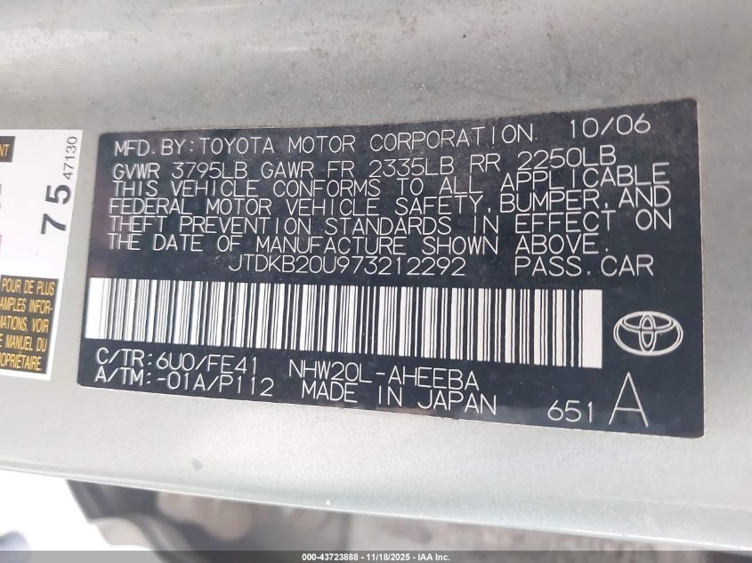 2007 Toyota Prius VIN: JTDKB20U973212292 Lot: 43723888