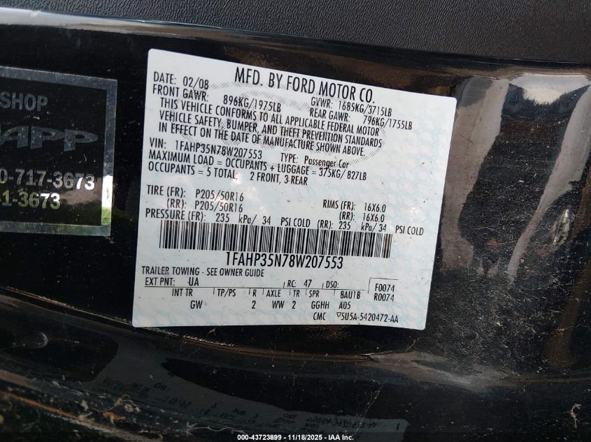 2008 Ford Focus Se/Ses VIN: 1FAHP35N78W207553 Lot: 43723899