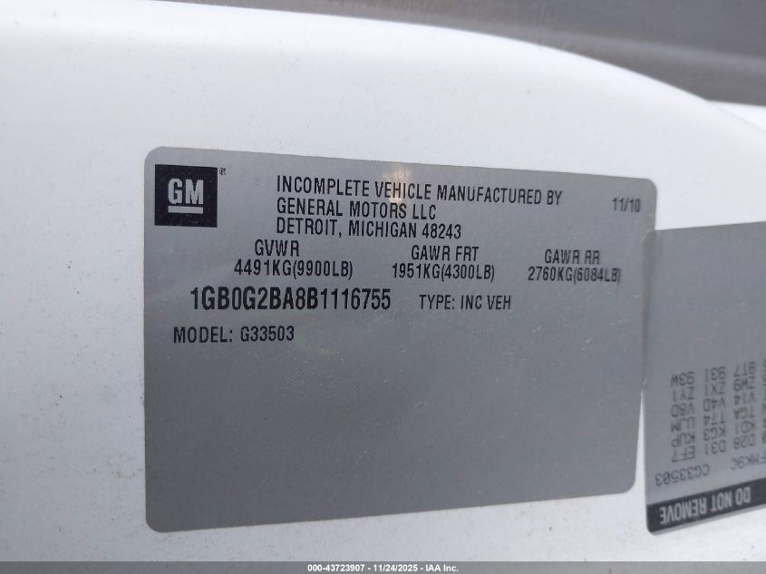 2011 Chevrolet Express Cutaway Work Van VIN: 1GB0G2BA8B1116755 Lot: 43723907