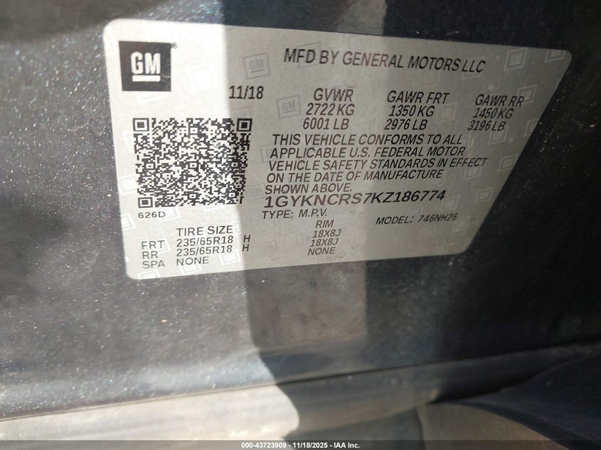 2019 Cadillac Xt5 Luxury VIN: 1GYKNCRS7KZ186774 Lot: 43723909