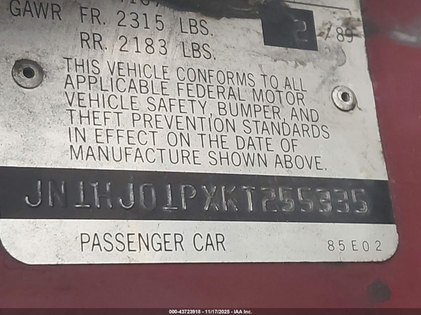 1989 Nissan Maxima VIN: JN1HJ01PXKT255335 Lot: 43723918