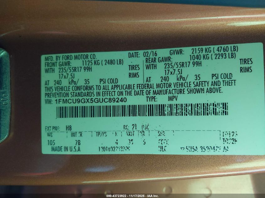2016 Ford Escape Se VIN: 1FMCU9GX5GUC89240 Lot: 43723922