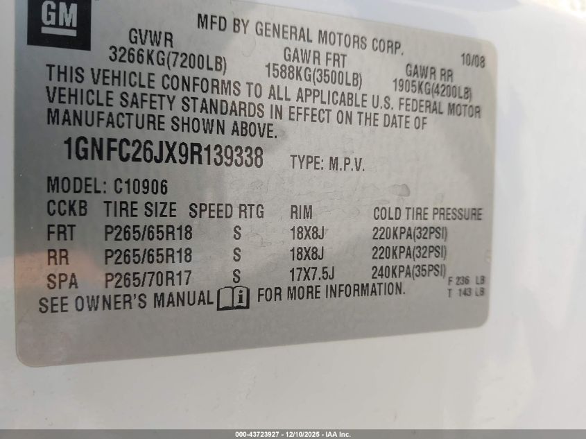 2009 Chevrolet Suburban 1500 Lt2 VIN: 1GNFC26JX9R139338 Lot: 43723927