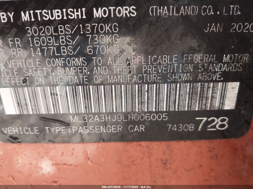 2020 Mitsubishi Mirage Es VIN: ML32A3HJ9LH006005 Lot: 43723935