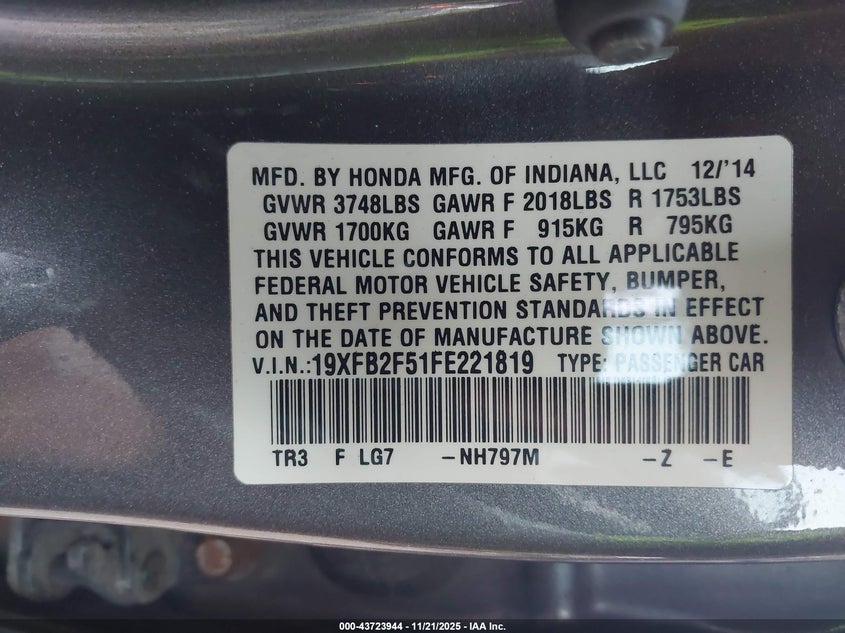 19XFB2F51FE221819 2015 HONDA CIVIC photo no. 9