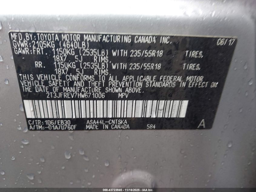 2017 Toyota Rav4 Se VIN: 2T3JFREV7HW671006 Lot: 43723945