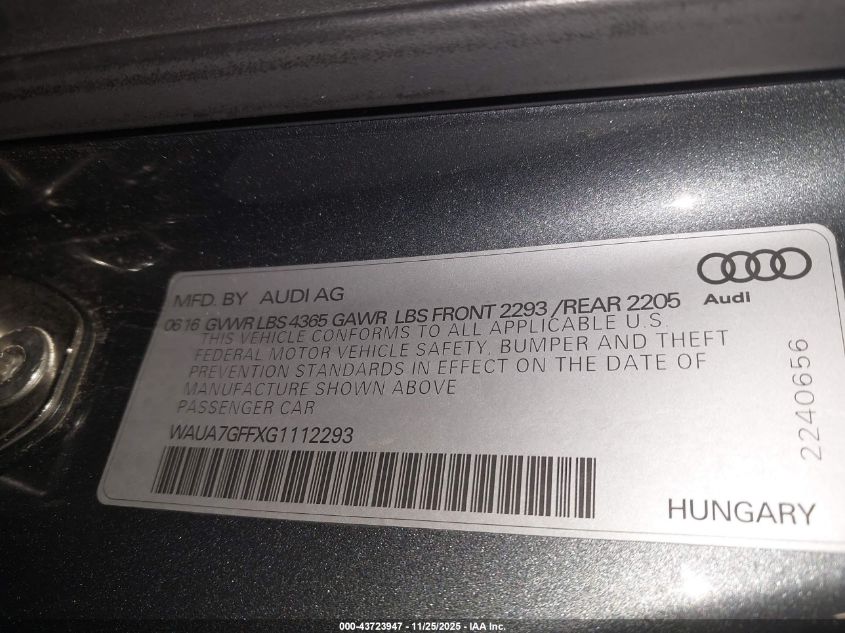 2016 Audi A3 1.8T Premium VIN: WAUA7GFFXG1112293 Lot: 43723947