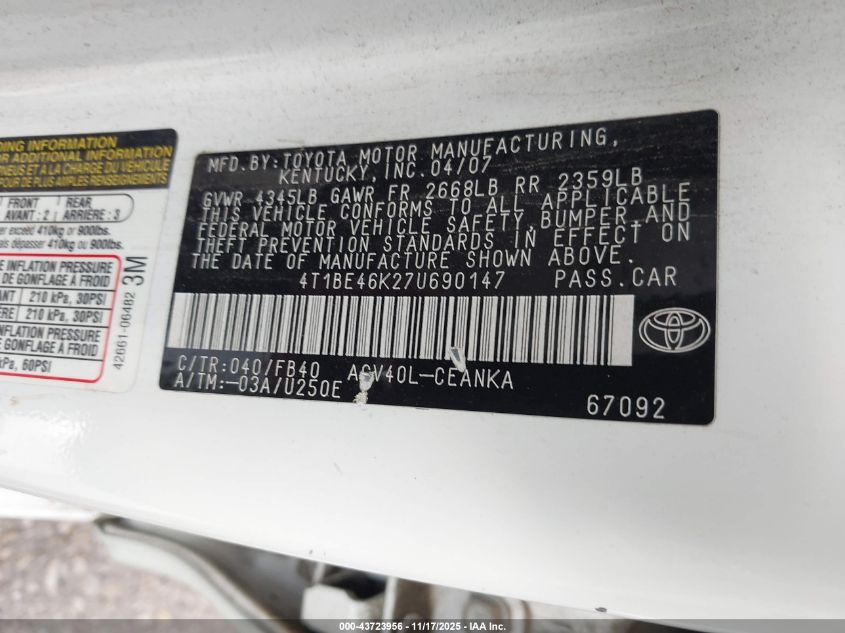 2007 Toyota Camry Le VIN: 4T1BE46K27U690147 Lot: 43723956