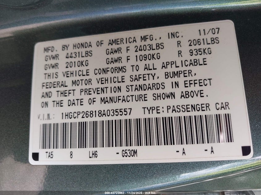 1HGCP26818A035557 2008 HONDA ACCORD photo no. 9