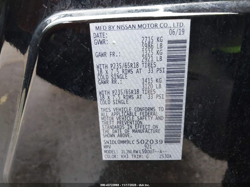 2020 Infiniti Qx60 Luxe/Pure/Signature Edition VIN: 5N1DL0MN8LC502039 Lot: 43723968