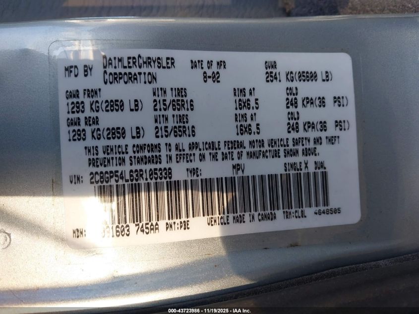 2003 Chrysler Town & Country Lxi VIN: 2C8GP54L63R105338 Lot: 43723986