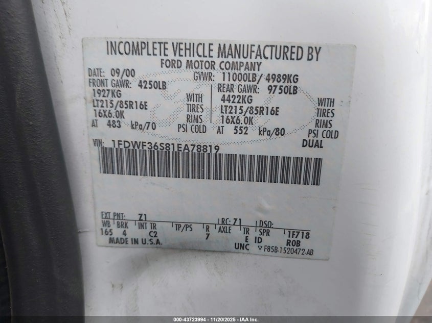 2001 Ford F-350 Xl/Xlt VIN: 1FDWF36S81EA78819 Lot: 43723994