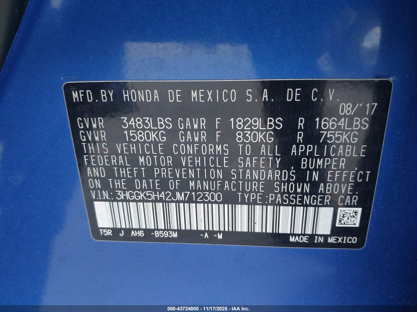 2018 Honda Fit Lx VIN: 3HGGK5H42JM712300 Lot: 43724000