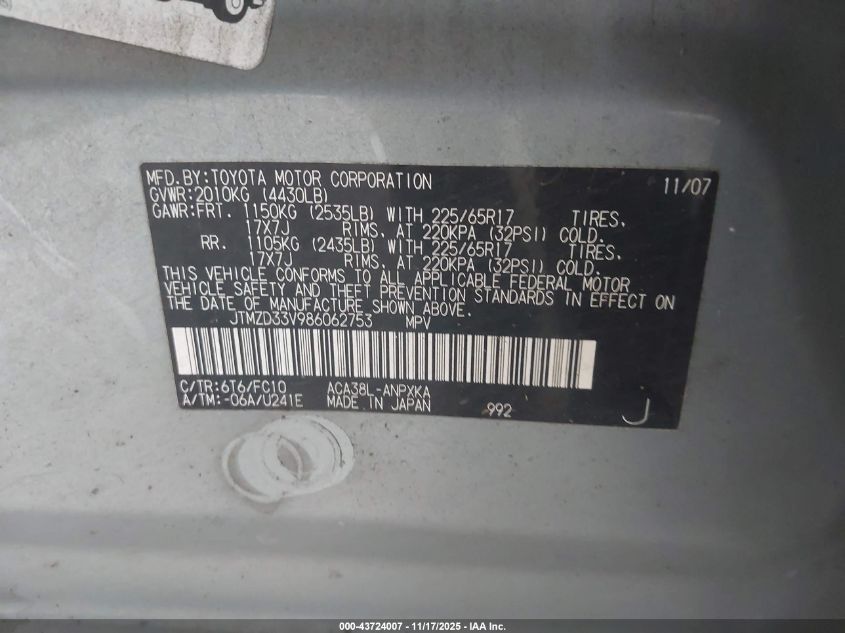 2008 Toyota Rav4 VIN: JTMZD33V986062753 Lot: 43724007