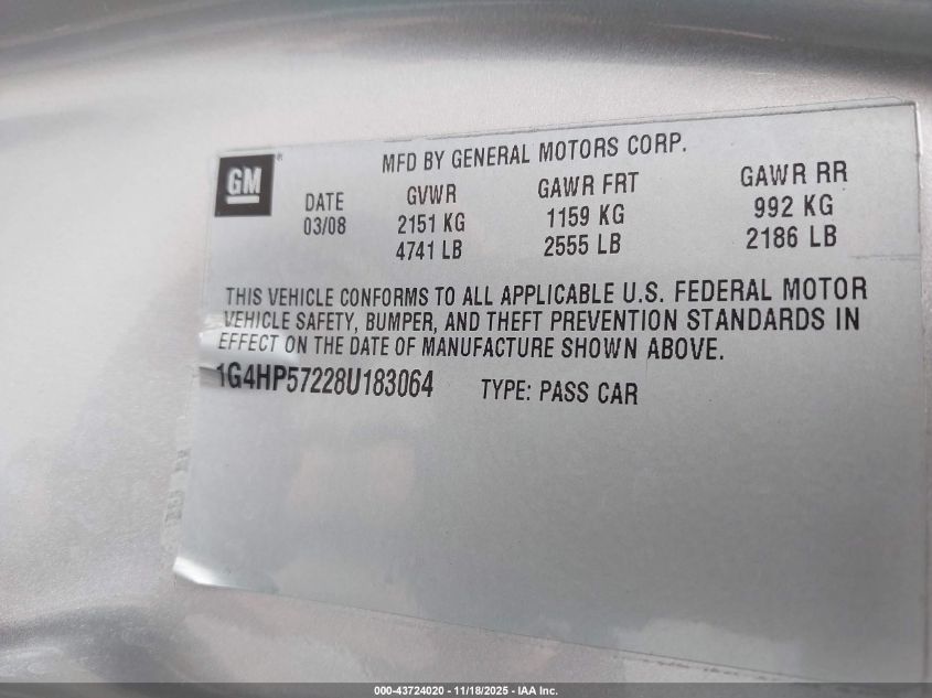 2008 Buick Lucerne Cx VIN: 1G4HP57228U183064 Lot: 43724020
