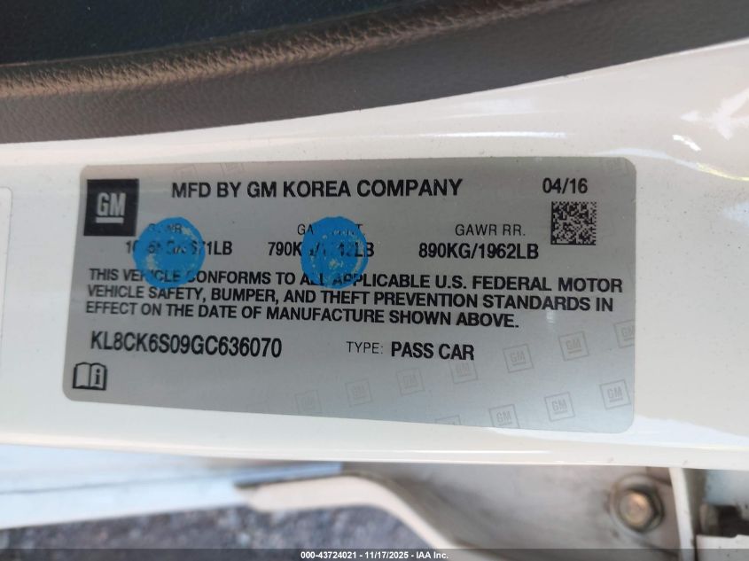 2016 Chevrolet Spark Ev 1Lt VIN: KL8CK6S09GC636070 Lot: 43724021