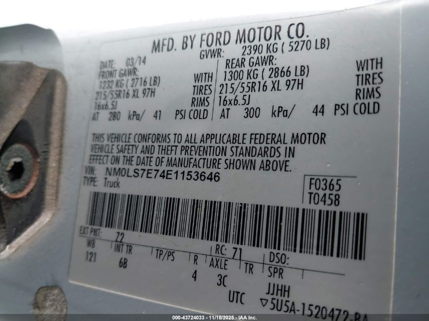 2014 Ford Transit Connect Xl VIN: NM0LS7E74E1153646 Lot: 43724033