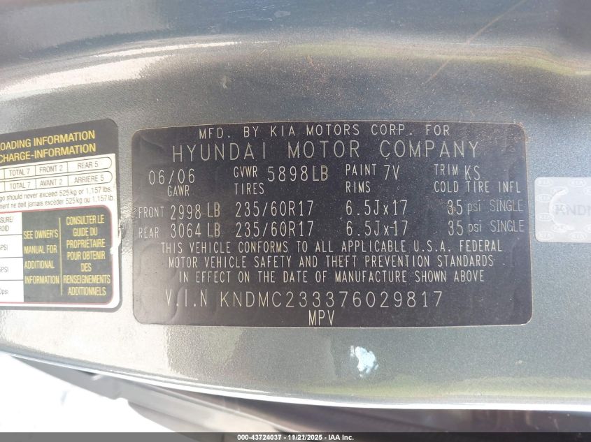 KNDMC233376029817 2007 HYUNDAI ENTOURAGE photo no. 9