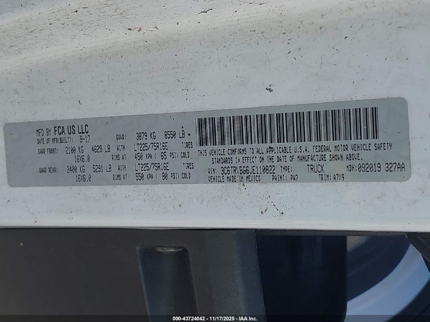 2018 Ram Promaster 1500 High Roof 136 Wb VIN: 3C6TRVBG6JE110822 Lot: 43724042