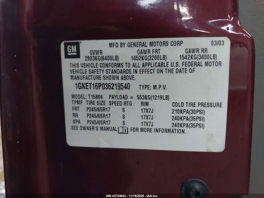 2003 GMC Envoy Xl Slt VIN: 1GKET16P036219540 Lot: 43724043